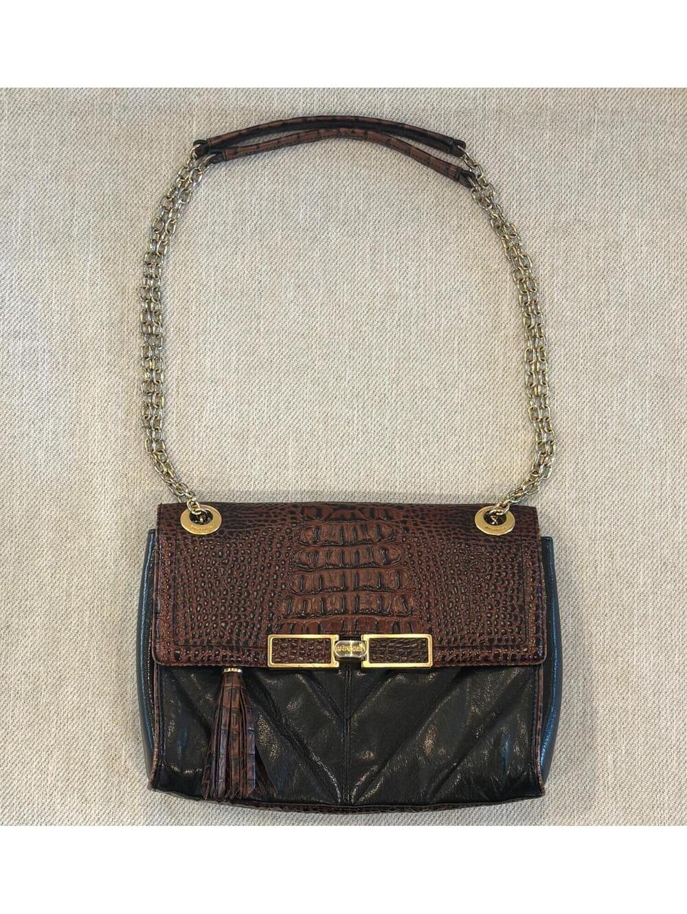 Brahmin Harrison Mixed-Media Shoulder Bag - Pecan Melbourne Croc-Embossed Leathe